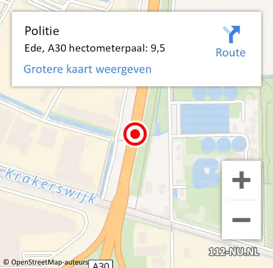 Locatie op kaart van de 112 melding: Politie De Wolden, A30 hectometerpaal: 9,5 op 23 februari 2022 16:28