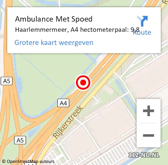 Locatie op kaart van de 112 melding: Ambulance Met Spoed Naar Haarlemmermeer, A4 hectometerpaal: 9,8 op 23 februari 2022 18:00