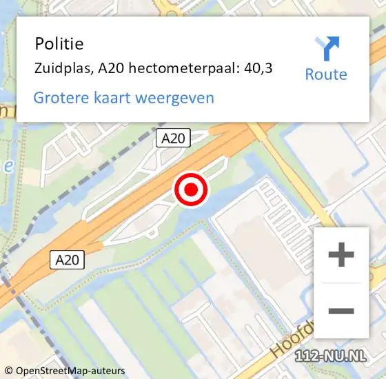 Locatie op kaart van de 112 melding: Politie Zuidplas, A20 hectometerpaal: 40,3 op 23 februari 2022 19:48