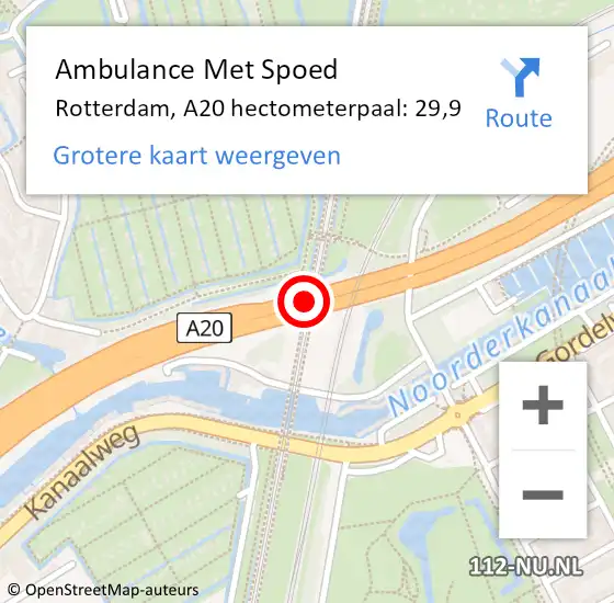 Locatie op kaart van de 112 melding: Ambulance Met Spoed Naar Rotterdam, A20 hectometerpaal: 29,9 op 23 februari 2022 20:32