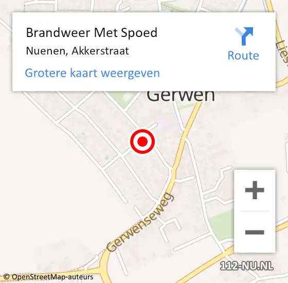 Locatie op kaart van de 112 melding: Brandweer Met Spoed Naar Nuenen, Akkerstraat op 23 februari 2022 20:36