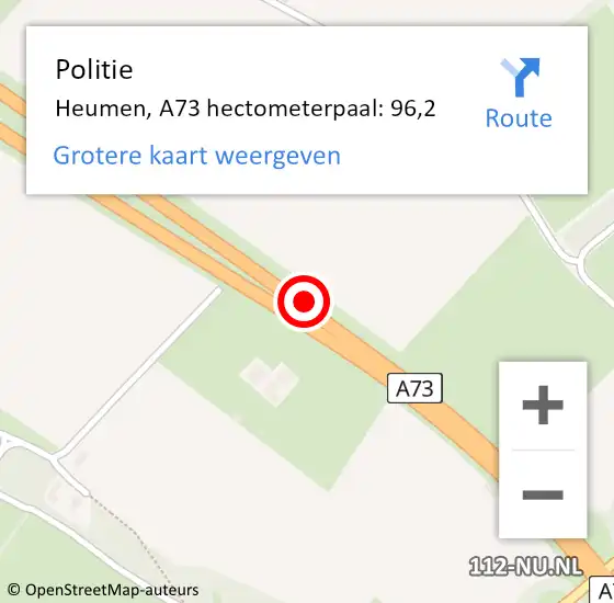 Locatie op kaart van de 112 melding: Politie Heumen, A73 hectometerpaal: 96,2 op 23 februari 2022 23:48