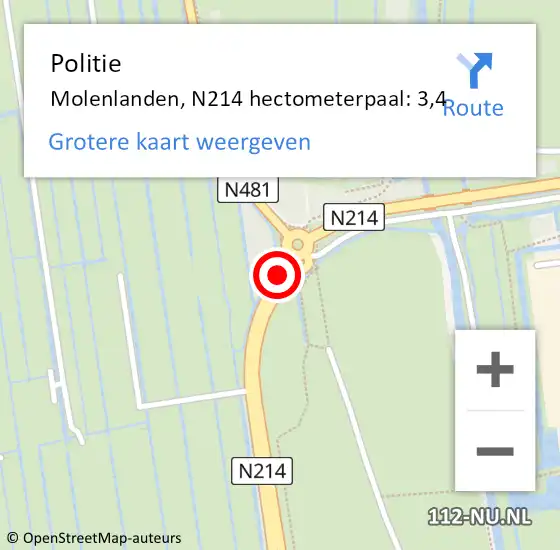 Locatie op kaart van de 112 melding: Politie Molenlanden, N214 hectometerpaal: 3,4 op 24 februari 2022 08:58