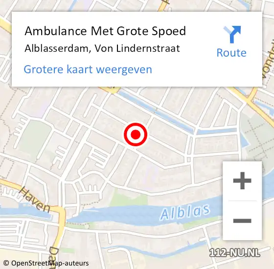 Locatie op kaart van de 112 melding: Ambulance Met Grote Spoed Naar Alblasserdam, Von Lindernstraat op 24 februari 2022 14:24