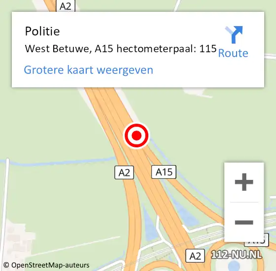 Locatie op kaart van de 112 melding: Politie West Betuwe, A15 hectometerpaal: 115 op 24 februari 2022 14:52