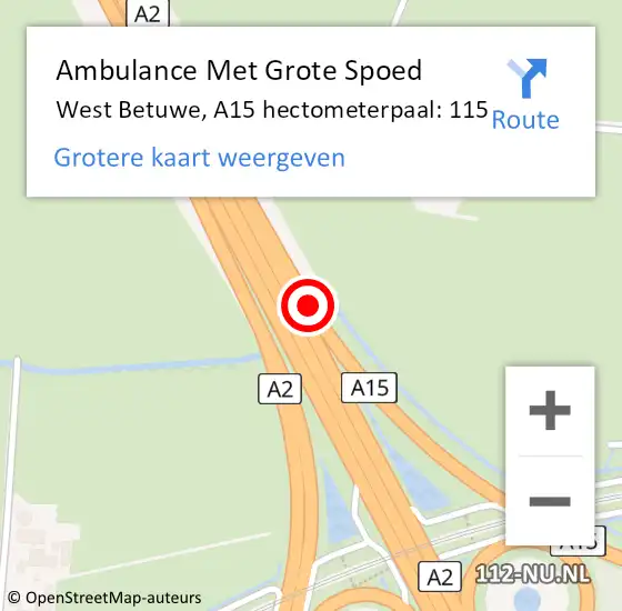 Locatie op kaart van de 112 melding: Ambulance Met Grote Spoed Naar West Betuwe, A15 hectometerpaal: 115 op 24 februari 2022 14:53