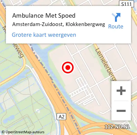 Locatie op kaart van de 112 melding: Ambulance Met Spoed Naar Amsterdam-Zuidoost, Klokkenbergweg op 24 februari 2022 15:04