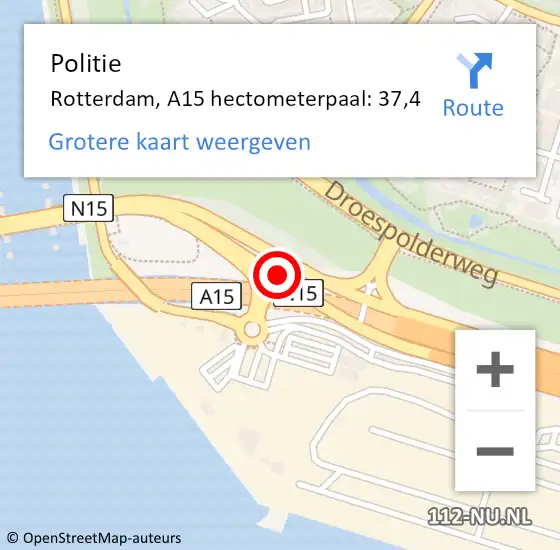 Locatie op kaart van de 112 melding: Politie Rotterdam, A15 hectometerpaal: 37,4 op 24 februari 2022 16:20