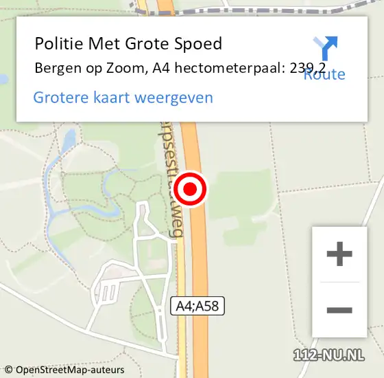 Locatie op kaart van de 112 melding: Politie Met Grote Spoed Naar Bergen op Zoom, A4 hectometerpaal: 239,2 op 24 februari 2022 16:55