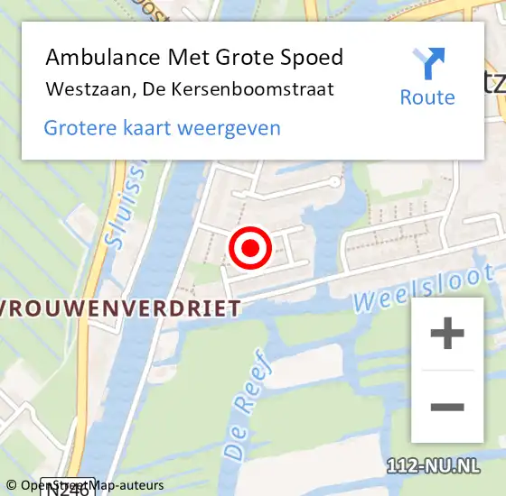 Locatie op kaart van de 112 melding: Ambulance Met Grote Spoed Naar Westzaan, De Kersenboomstraat op 24 februari 2022 18:42