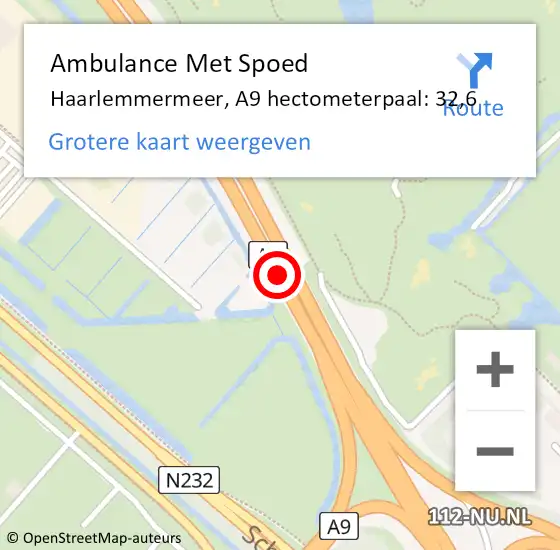 Locatie op kaart van de 112 melding: Ambulance Met Spoed Naar Haarlemmermeer, A9 hectometerpaal: 32,6 op 24 februari 2022 19:24