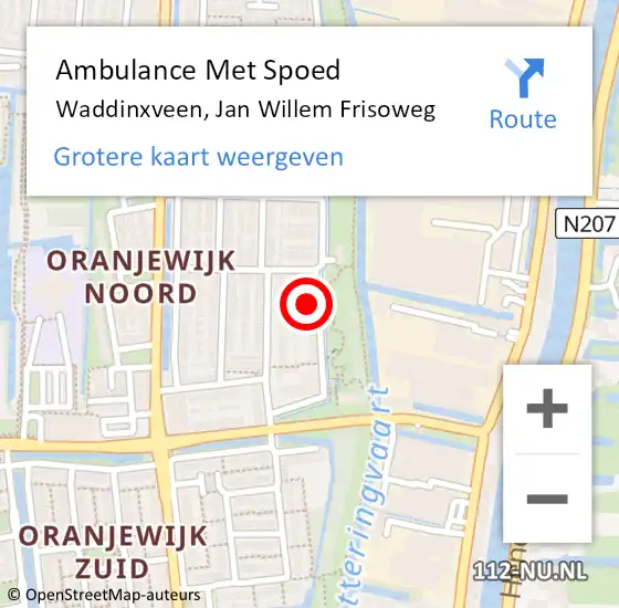 Locatie op kaart van de 112 melding: Ambulance Met Spoed Naar Waddinxveen, Jan Willem Frisoweg op 24 februari 2022 21:07