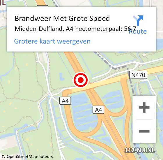 Locatie op kaart van de 112 melding: Brandweer Met Grote Spoed Naar Delft, A4 hectometerpaal: 56,7 op 25 februari 2022 00:00