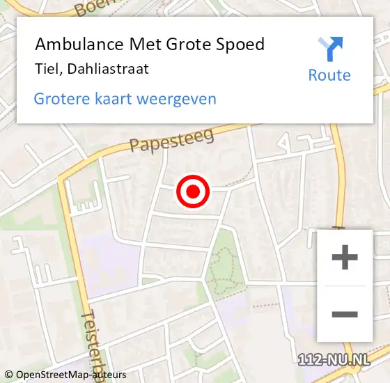 Locatie op kaart van de 112 melding: Ambulance Met Grote Spoed Naar Tiel, Dahliastraat op 25 februari 2022 01:05