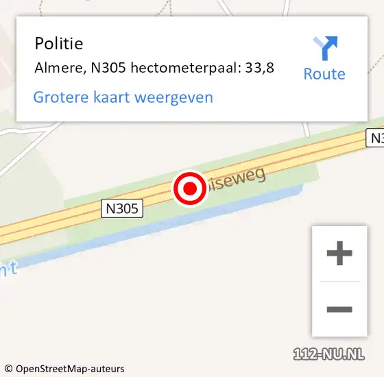 Locatie op kaart van de 112 melding: Politie Almere, N305 hectometerpaal: 33,8 op 25 februari 2022 05:48