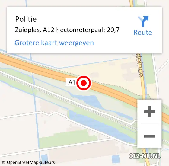 Locatie op kaart van de 112 melding: Politie Zuidplas, A12 hectometerpaal: 20,7 op 25 februari 2022 07:47