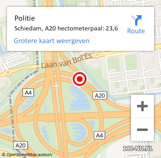 Locatie op kaart van de 112 melding: Politie Schiedam, A20 hectometerpaal: 23,6 op 25 februari 2022 10:03