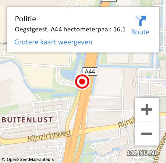 Locatie op kaart van de 112 melding: Politie Oegstgeest, A44 hectometerpaal: 16,1 op 25 februari 2022 11:24