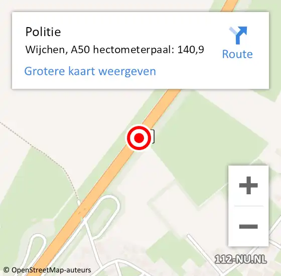 Locatie op kaart van de 112 melding: Politie Wijchen, A50 hectometerpaal: 140,9 op 25 februari 2022 14:18