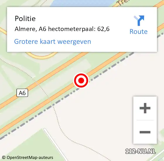 Locatie op kaart van de 112 melding: Politie Almere, A6 hectometerpaal: 62,6 op 25 februari 2022 14:36