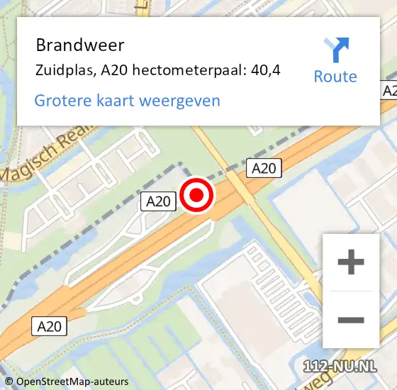 Locatie op kaart van de 112 melding: Brandweer Zuidplas, A20 hectometerpaal: 40,4 op 25 februari 2022 14:53