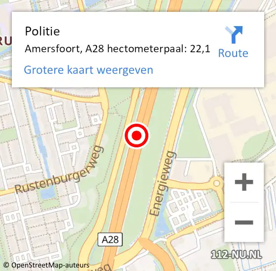 Locatie op kaart van de 112 melding: Politie Amersfoort, A28 hectometerpaal: 22,1 op 25 februari 2022 15:37