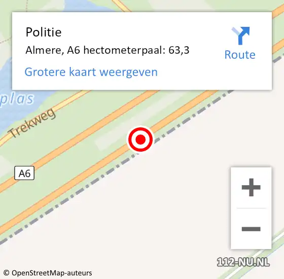 Locatie op kaart van de 112 melding: Politie Almere, A6 hectometerpaal: 63,3 op 25 februari 2022 15:43