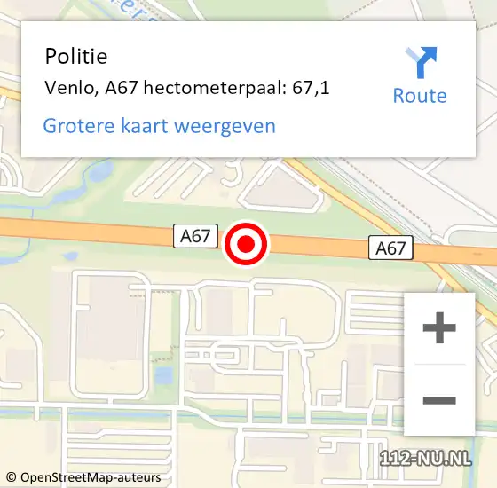 Locatie op kaart van de 112 melding: Politie Venlo, A67 hectometerpaal: 67,1 op 25 februari 2022 15:56