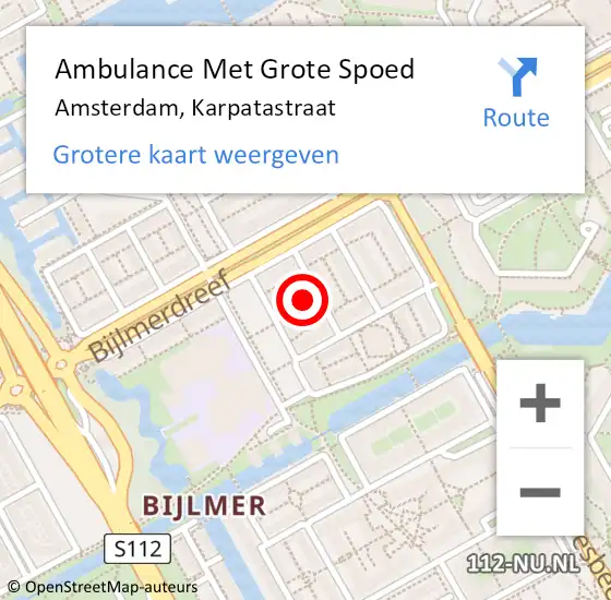 Locatie op kaart van de 112 melding: Ambulance Met Grote Spoed Naar Amsterdam-Zuidoost, Karpatastraat op 25 februari 2022 16:42