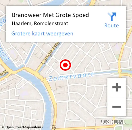 Locatie op kaart van de 112 melding: Brandweer Met Grote Spoed Naar Haarlem, Romolenstraat op 25 februari 2022 17:13