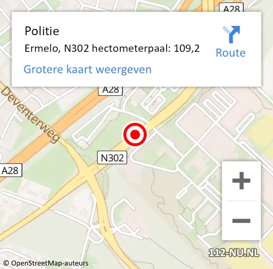 Locatie op kaart van de 112 melding: Politie Ermelo, N302 hectometerpaal: 109,2 op 25 februari 2022 17:38