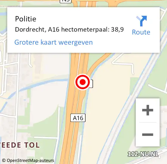 Locatie op kaart van de 112 melding: Politie Dordrecht, A16 hectometerpaal: 38,9 op 25 februari 2022 18:06
