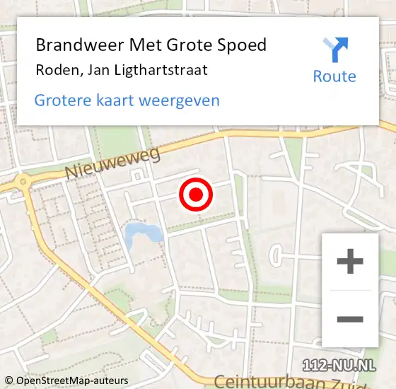 Locatie op kaart van de 112 melding: Brandweer Met Grote Spoed Naar Roden, Jan Ligthartstraat op 25 februari 2022 18:19