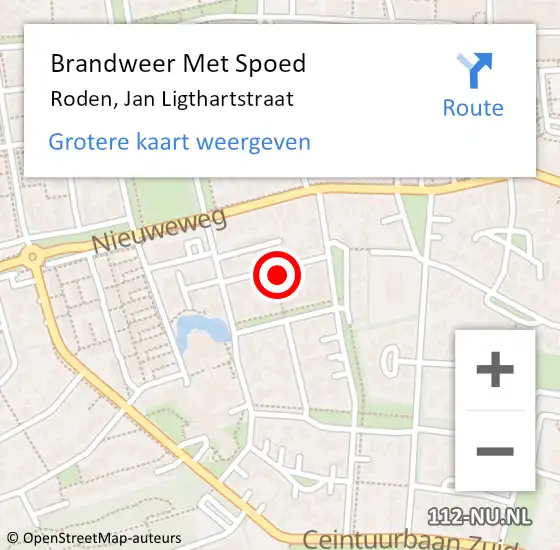 Locatie op kaart van de 112 melding: Brandweer Met Spoed Naar Roden, Jan Ligthartstraat op 25 februari 2022 18:48