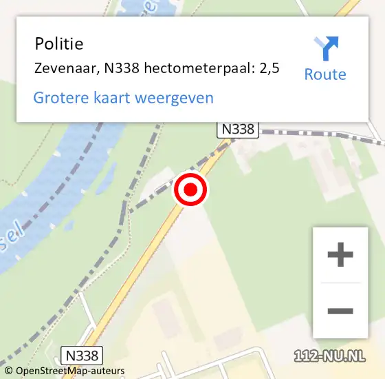 Locatie op kaart van de 112 melding: Politie Zevenaar, N338 hectometerpaal: 2,5 op 25 februari 2022 20:01