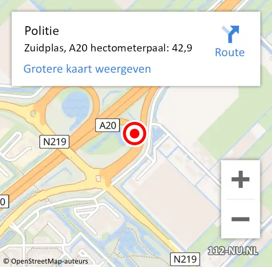 Locatie op kaart van de 112 melding: Politie Zuidplas, A20 hectometerpaal: 42,9 op 25 februari 2022 20:38