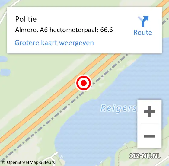 Locatie op kaart van de 112 melding: Politie Almere, A6 hectometerpaal: 66,6 op 26 februari 2022 01:23