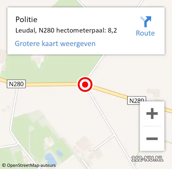 Locatie op kaart van de 112 melding: Politie Leudal, N280 hectometerpaal: 8,2 op 26 februari 2022 01:48