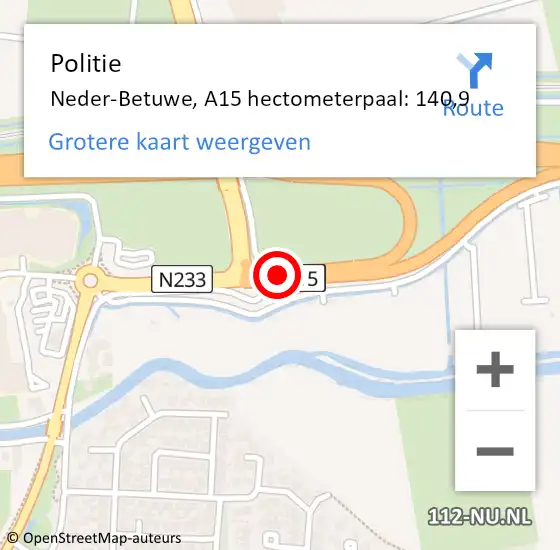 Locatie op kaart van de 112 melding: Politie Neder-Betuwe, A15 hectometerpaal: 140,9 op 26 februari 2022 05:25