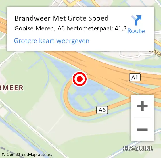 Locatie op kaart van de 112 melding: Brandweer Met Grote Spoed Naar Gooise Meren, A6 hectometerpaal: 41,3 op 26 februari 2022 07:03