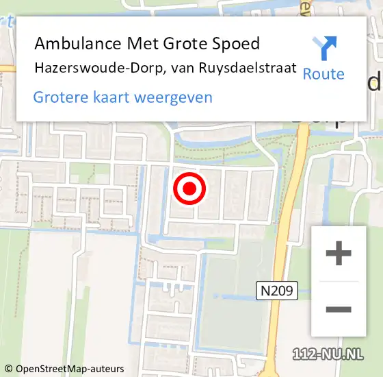 Locatie op kaart van de 112 melding: Ambulance Met Grote Spoed Naar Hazerswoude-Dorp, van Ruysdaelstraat op 26 februari 2022 07:05