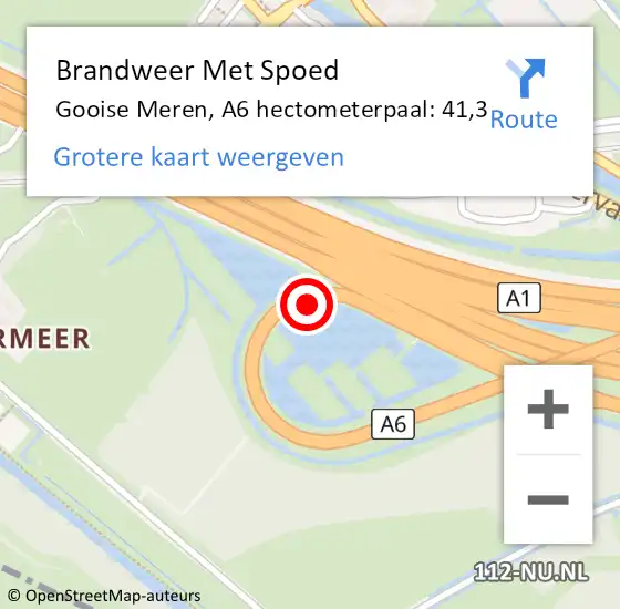 Locatie op kaart van de 112 melding: Brandweer Met Spoed Naar Gooise Meren, A6 hectometerpaal: 41,3 op 26 februari 2022 07:24