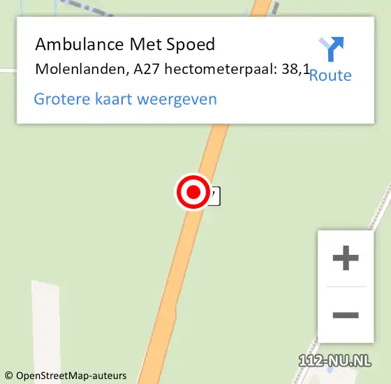 Locatie op kaart van de 112 melding: Ambulance Met Spoed Naar Molenlanden, A27 hectometerpaal: 38,1 op 26 februari 2022 10:23