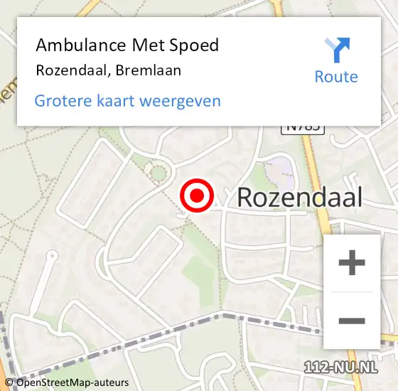 Locatie op kaart van de 112 melding: Ambulance Met Spoed Naar Rozendaal, Bremlaan op 26 februari 2022 10:58