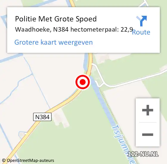 Locatie op kaart van de 112 melding: Politie Met Grote Spoed Naar Waadhoeke, N384 hectometerpaal: 22,9 op 26 februari 2022 11:25