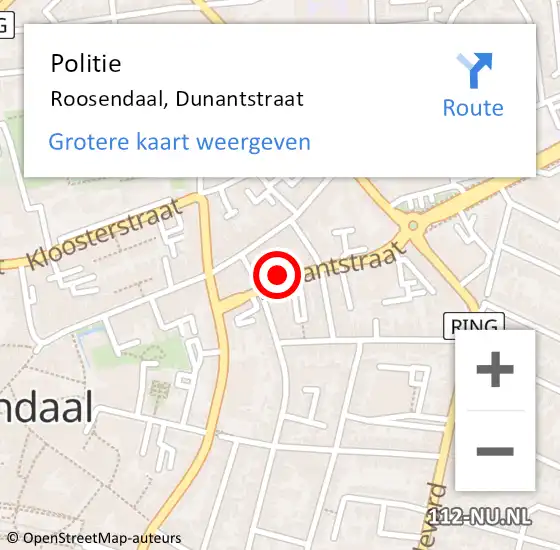 Locatie op kaart van de 112 melding: Politie Roosendaal, Dunantstraat op 26 februari 2022 12:43