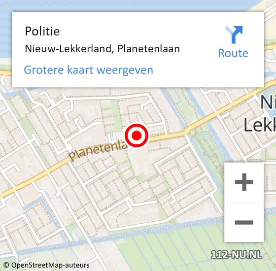 Locatie op kaart van de 112 melding: Politie Nieuw-Lekkerland, Planetenlaan op 26 februari 2022 13:17