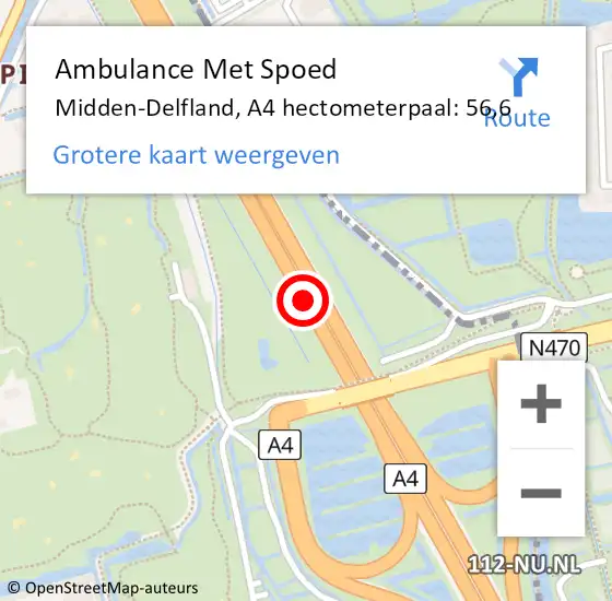Locatie op kaart van de 112 melding: Ambulance Met Spoed Naar Delft, A4 hectometerpaal: 56,6 op 26 februari 2022 16:32