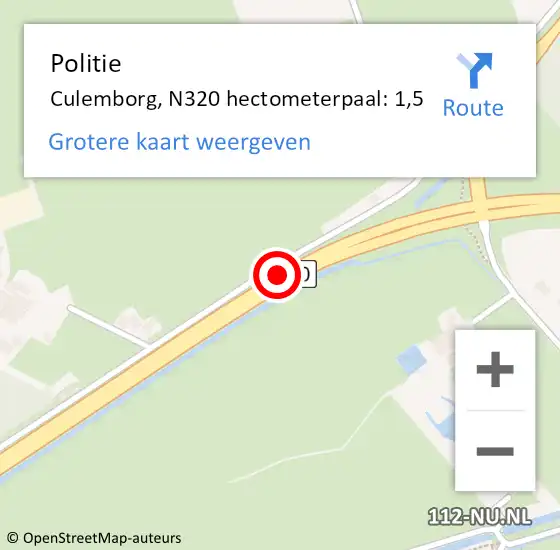 Locatie op kaart van de 112 melding: Politie Culemborg, N320 hectometerpaal: 1,5 op 26 februari 2022 17:33