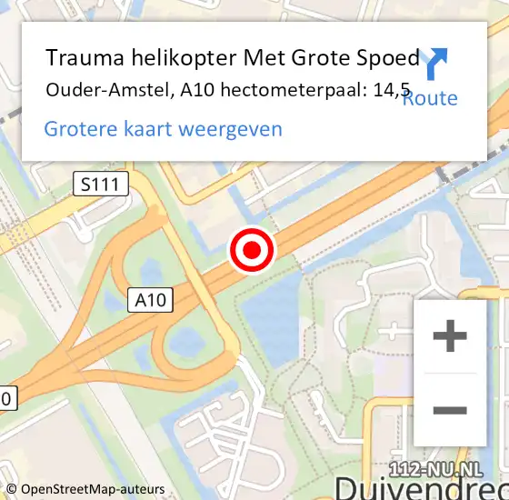 Locatie op kaart van de 112 melding: Trauma helikopter Met Grote Spoed Naar Ouder-Amstel, A10 hectometerpaal: 14,5 op 26 februari 2022 17:35